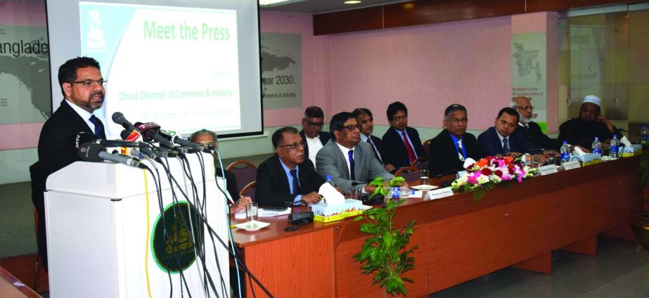 DCCI President Hossain Khaled (left), speaking at a press conference at DCCI auditorium on Wednesday. DCCI Senior Vice President Humayun Rashid (fourth from left), Vice President Md Shoaib Choudhury (fourth from right), Directors, Md Sabur Khan (3rd from