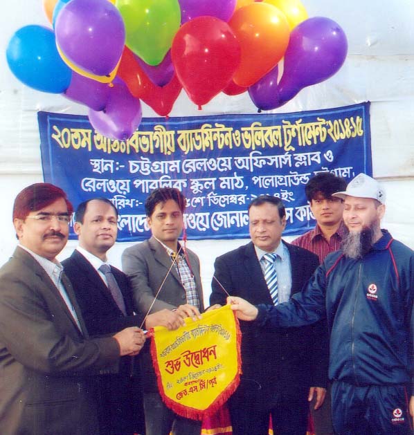 Mohammad Belaluddin, Chairman, ZSC ( East) and Chief Commercial Manager, Bangladesh Railway ( East) inaugurating the 20th divisional badminton and volleyball tournament at Railway Public School ground in the city yesterday.