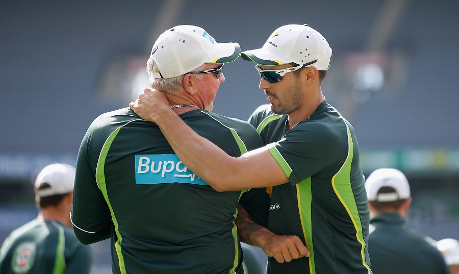 Mitchell Johnson with Craig McDermott during an Australian nets session at Melbourne Cricket Ground on December 24, 2014 in Melbourne, Australia.