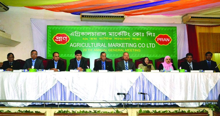 Lt Col Mahtabuddin Ahmed (Retd), Chairman of Agricultural Marketing Company Ltd, a concern of PRAN group, presiding over the 29th Annual General Meeting at an auditorium in the city on Wednesday. The AGM approves 32pc dividend for the year 2013-2014.