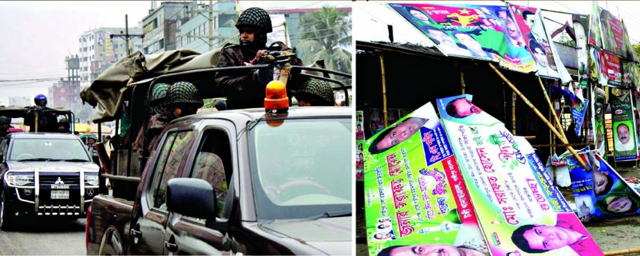 Members of BGB patrolling (left) Gazipur street as Sec 144 was imposed following the 20-party alliance's scheduled rally at Bhawal Badre Alam College ground on Saturday, (right) BNP office at Cheragali was torched and vandalised by AL-BCL men.
