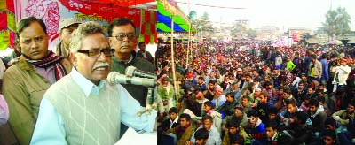 PHULBARI(Dinajpur): Prof Anu Muhammad, Member Secretary, Committee for Protection of Oil, Gas, Mineral Resources, Electricity and Port speaking at a grand meeting protesting activities of Asian Energy on Saturday.