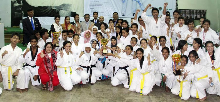 The winners of the Victory Day Taekwondo Competition pose for a photograph at the Gymnasium of the National Sports Council on Sunday.