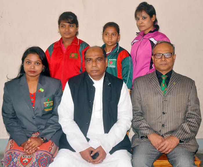 Bangladesh Weightlifting team pose for a photo session before leaving the city for Qatar on Sunday to take part in 16th Youth Women's, 22nd Junior Women's Asian Weightlifting Championship and Qatar 2nd International Cup scheduled to be held in Qatar.