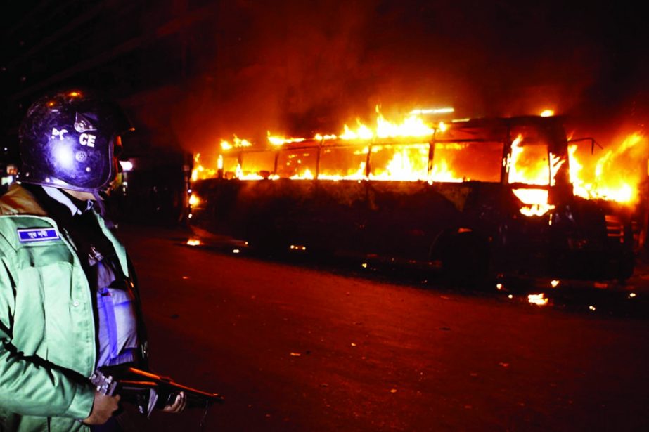 A staff bus of Public Administration Ministry was torched allegedly by hartal supporters at Purana Paltan area in city on Sunday.