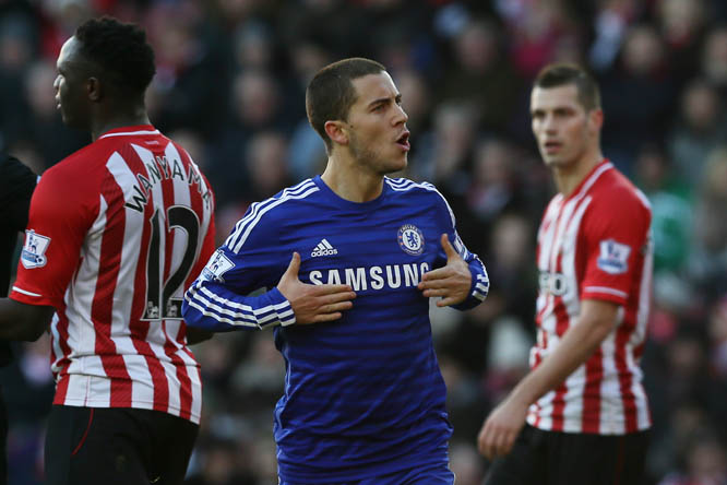 Chelsea's Eden Hazard celebrates after scoring a goal during the English Premier League soccer match between Southampton and Chelsea at St Mary's Stadium, Southampton, England on Sunday.