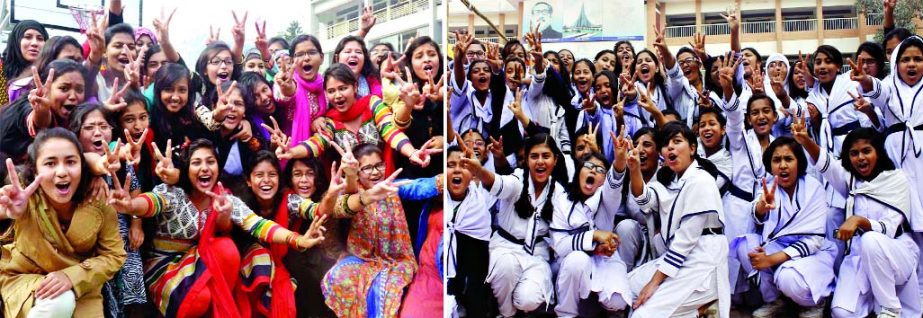 Students of Rajuk Uttara School and College (left) and students of Monipur High School in Mirpur rejoicing after securing first position in Junior School Certificate and Primary School Certificate examinations respectively.