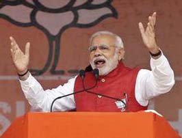 Indian Prime Minister Narendra Modi addresses an election campaign rally at Kathua, south of Jammu.