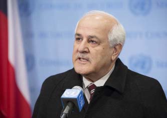 Palestinian envoy Riyad H. Mansour speaks to the media on Thursday, after his meeting with UN Assistant Secretary-General for Legal Affairs, Stephen Mathias.