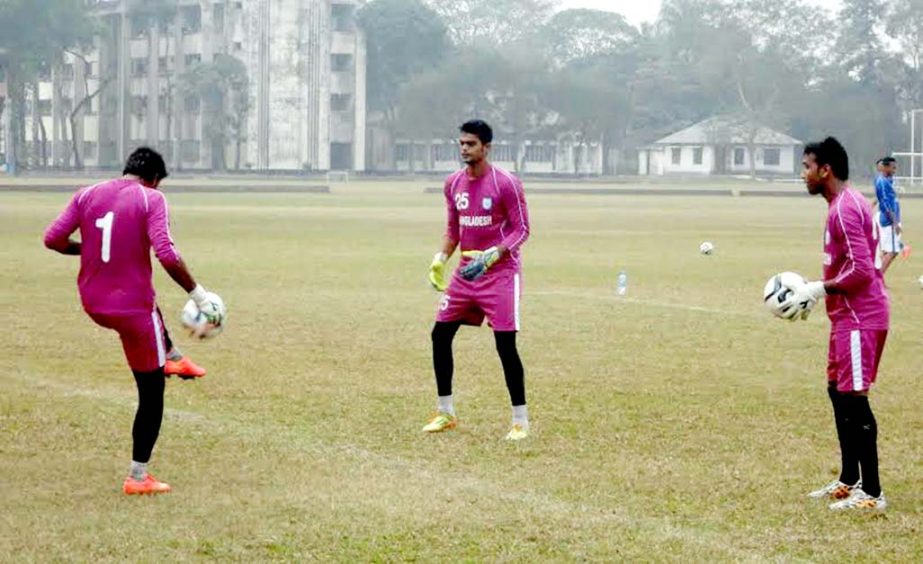 A scene from the practice session of Bangladesh National Football team at the BKSP Ground in Saver on Saturday.