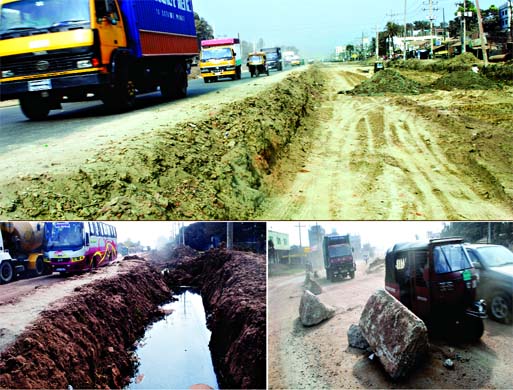 The under-construction Dhaka and Mymensingh highway is not only leads to traffic congestion for hours everyday, but also poses high life risk to motorists of all modes. (1) Loaded trucks and heavy vehicles pass from both sides on the partially constructed