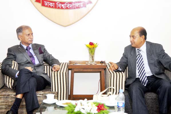 Professor Dr Rafiqul Islam of the Department of Law of Macquarie University, Australia and Dhaka University Vice-Chancellor Prof Dr AAMS Arefin Siddique at his office on Thursday.