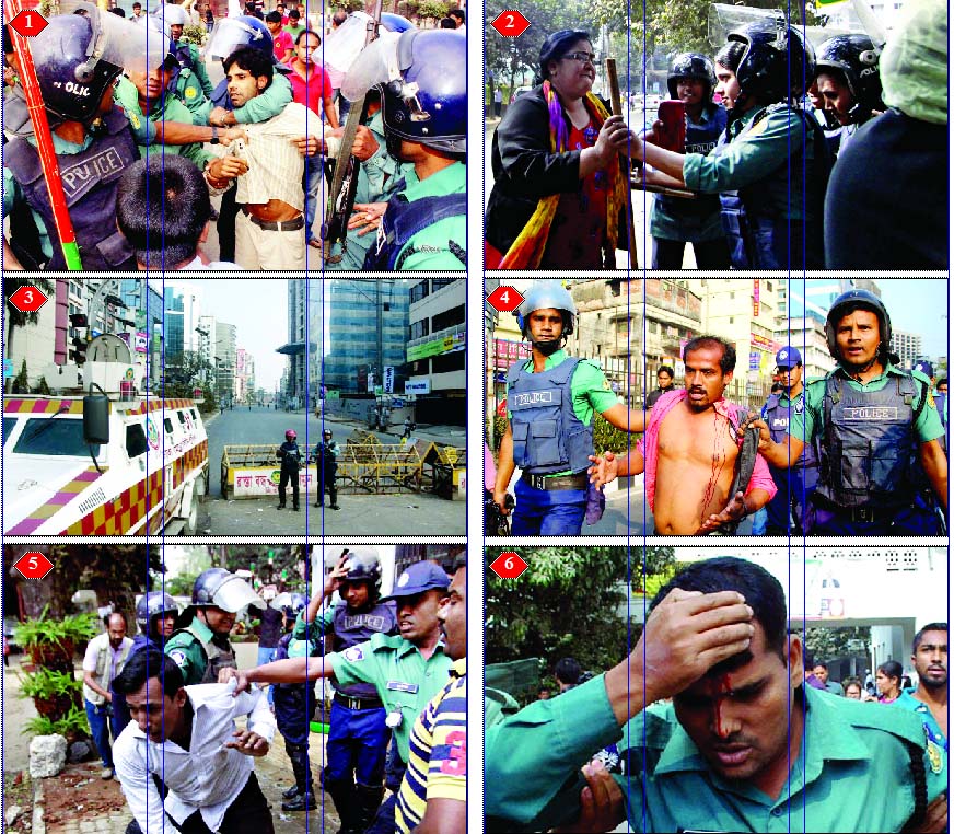 (1) Police nabbed some BNP activists from the city's Kuril area on Monday during picketing. (2) Female police intercepting pro-BNP lawyers when they were trying to enter Khaleda Zia's Gulshan office on Sunday. (3) Law enforcers stand guard in Nayapalton