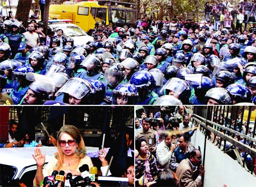 Security forces besieged Gulshan BNP office of Chairperson Begum Khaleda Zia and locked its gate to keep her confinement on Monday (top). Police using pepper spray among the BNP workers inside who tried to come out of the gate (right); Khaleda Zia announc