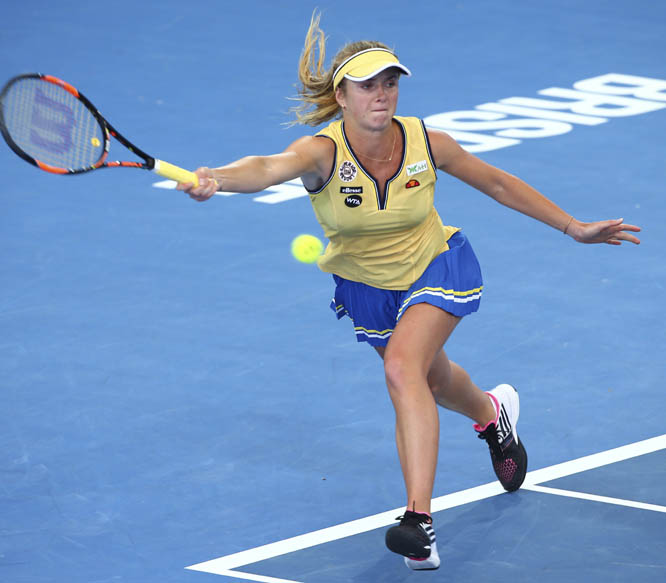 Elina Svitolina of Ukraine plays a shot in her match against Croatia's Ajla Tomljanovic during the Brisbane International tennis tournament in Brisbane, Australia, Tuesday.