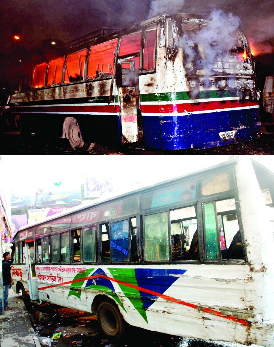 Two passenger buses were torched by the activists of 20-party alliance at Motijheel (top) and Shahbagh areas on the first day of its blockade programme on Tuesday.