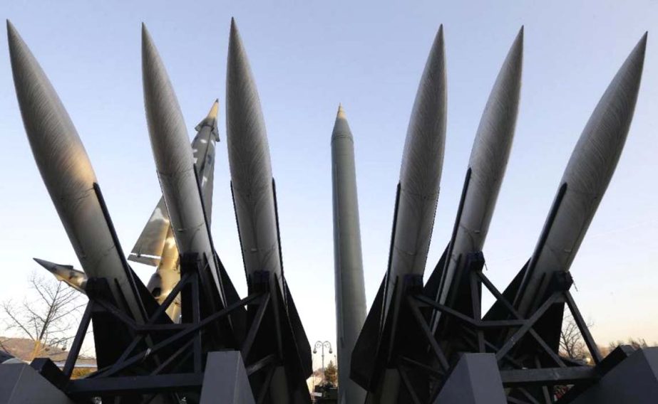 A North Korea's mock Scud-B missile, centre, stands among South Korean missiles displayed at Korea War Memorial Museum in Seoul, South Korea.