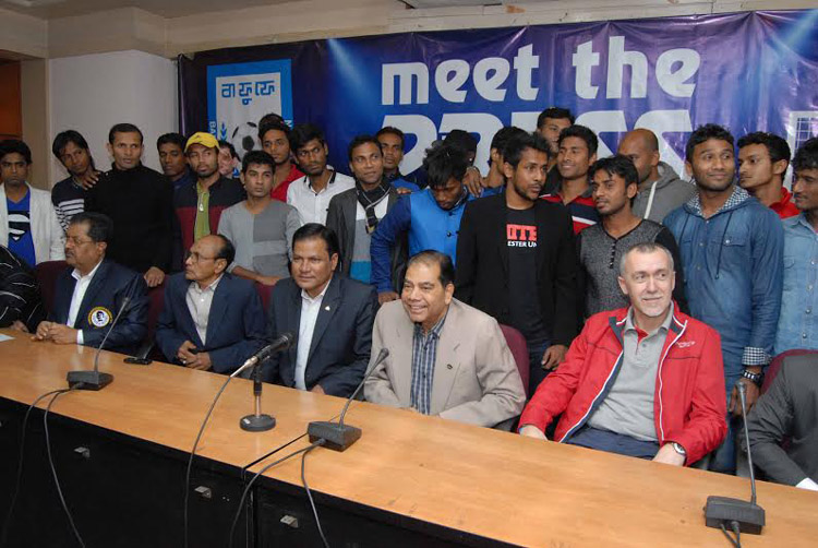 Players and officials of Sheikh Russel Krira Chakra take part at the players' transfer window at the Bangladesh Football Federation House on Wednesday.