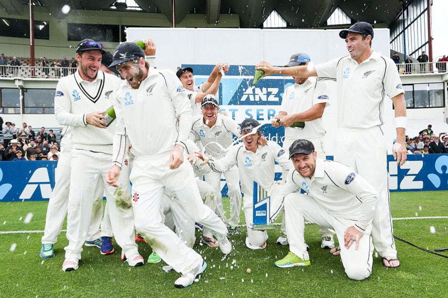 Players of New Zealand celebrate with champagne on day five of the Second Test match against Sri Lanka at Basin Reserve on Wednesday in Wellington, New Zealand.