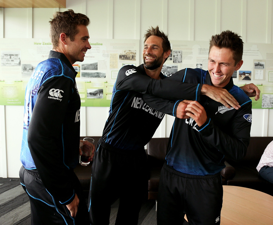 Tim Southee, Grant Elliott and Trent Boult have some fun at the launch of New Zealand's World Cup squad at Christchurch on Thursday.