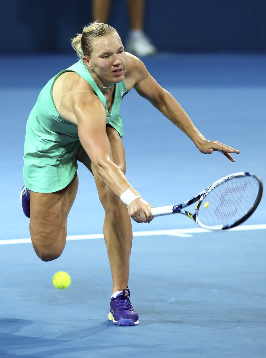 Kaia Kanepi of Estonia plays a shot in her quarterfinal match against Ana Ivanovic of Serbia during the Brisbane International tennis tournament in Brisbane, Australia on Thursday.
