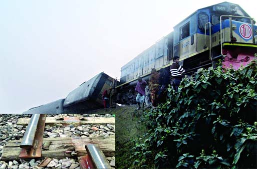 Six compartments and the engine of Chittagong-bound 'Udayan Express' derailed in Kulaura upazila early Thursday as blockaders removed the fishplates (inset left) leaving 50 passengers injured.