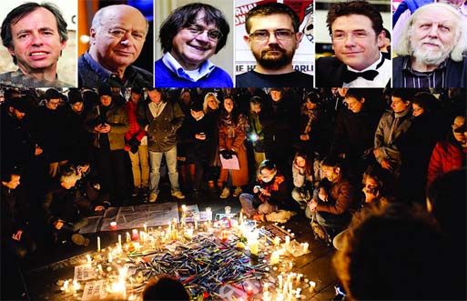Faces of 12 Journalist victims (top) were killed by terrorist attack on Magazine â€˜Charlie Hebdoâ€™ in Paris on Wednesday. (Bottom) People gather around candles and pens at the place de la Republique in support of victims Thursday.