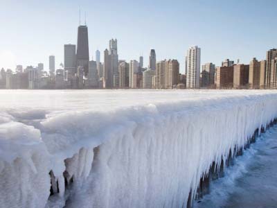 Ice builds up along North Avenue Pier while temperatures hovered around zero degrees Fahrenheit (-17.7 degrees Celsius) in Chicago.