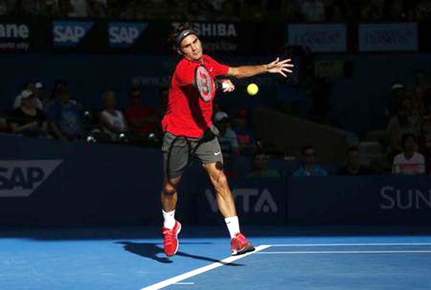 Roger Federer of Switzerland plays a forehand return during his men's singles semi final win over Grigor Dimitrov of Bulgaria at the Brisbane International tennis tournament in Brisbane on Saturday.