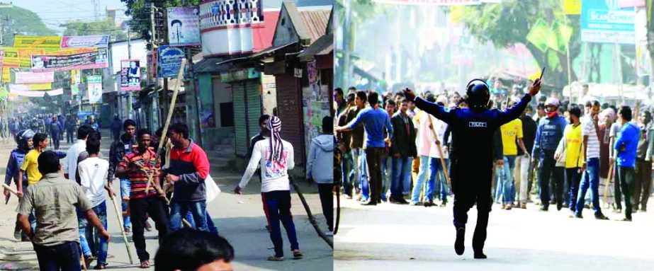 Triangular clashes among BNP, police and Awami League during 20-party's blockade in Sirajganj on Saturday.
