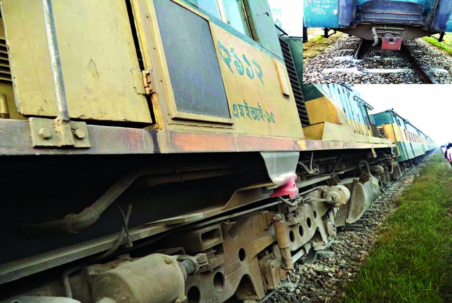 Rly engine and a bogie of Ctg bound "Godhuli Express"" train derails near Nangalkot station as blockaders uproot Rly tracks on Saturday morning."