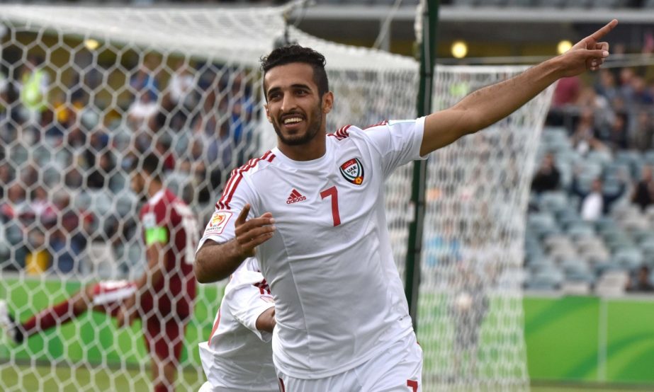 Ali Mabkhout celebrates one of his goals in the UAE's win over Qatar on Sunday.