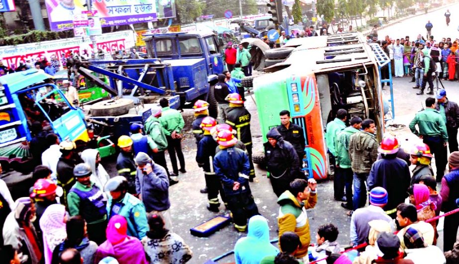 A speeding truck slammed into a bus carrying women police near the city's Fakirerpool area on Sunday morning where two were killed and 30 others injured.