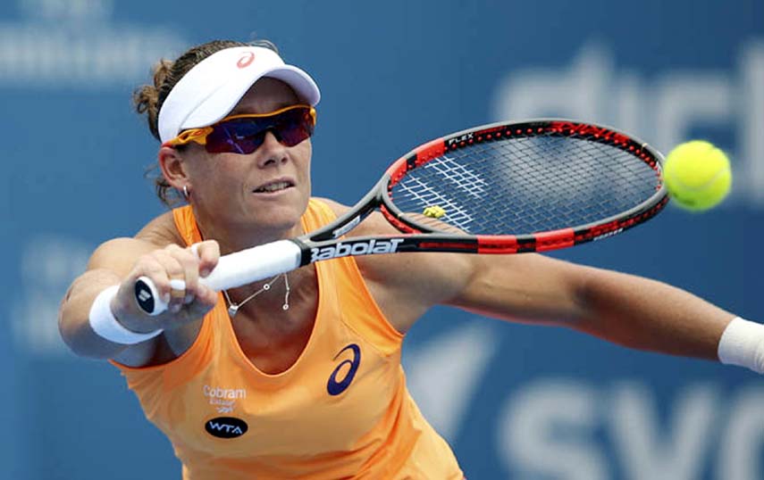 Australia's Samantha Stosur plays a shot to Lucie Safarova of the Czech Republic in their match at the Sydney International tennis tournament in Sydney on Monday. Stosur won the match 7-6, 5-7, 6-3.