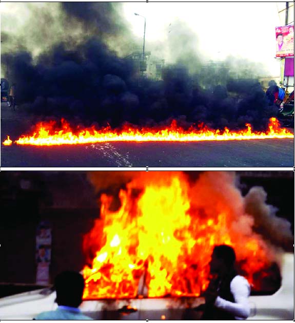 Blockaders set fire on the street by fuelling petrol on Babubazar Bridge in city (top) and a private car being torched near Toyab Ali Market in Tongi during blockade enforced by 20-party alliance on Monday.