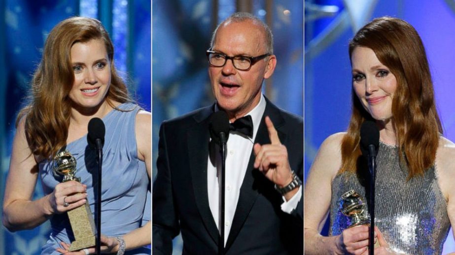 Amy Adams, Michael Keaton and Julianne Moore accept awards at the 72nd Annual Golden Globe Awards