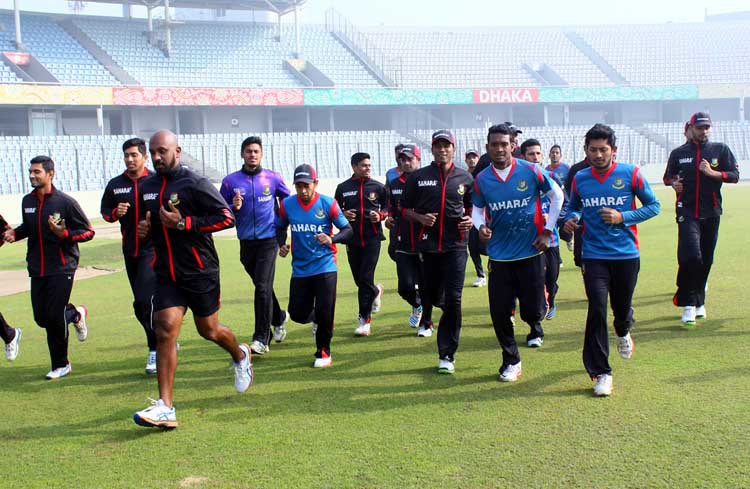 Members of Bangladesh National Cricket team during their practice session at the Sher-e-Bangla National Cricket Stadium in Mirpur on Tuesday.