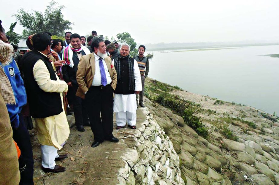 KURIGRAM: Adv Fazle Rabbi Mia, Deputy Speaker, National Parliament visiting the erosion of Bangasonahat Bridge during his two- daylong visit in Kurigram on Sunday.