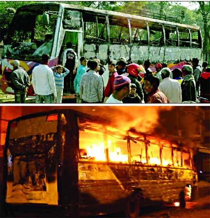 Four people including women and a child were burnt alive when picketers hurled petrol bombs at a passenger bus at Mithapukur in Rangpur and another bus was burnt at Signboard area on Chittagong highway (bottom) on Wednesday eveningâ€“ the 9th day of