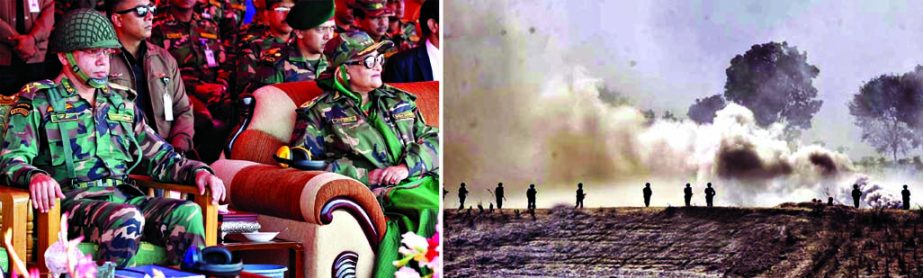 Prime Minister Sheikh Hasina witnessing the Winter Training 2014 and Assault River Crossing Exercise by the 55 Infantry Division at Sonakanda on the Gorai River bank in Rajbari district on Thursday. PID photo