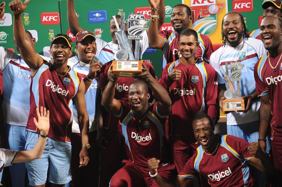 Darren Sammy of the West Indies with his team celebrate during the 3rd KFC T20 International match between South Africa and West Indies at Sahara Stadium Kingsmead on January 14, 2015 in Durban, South Africa.