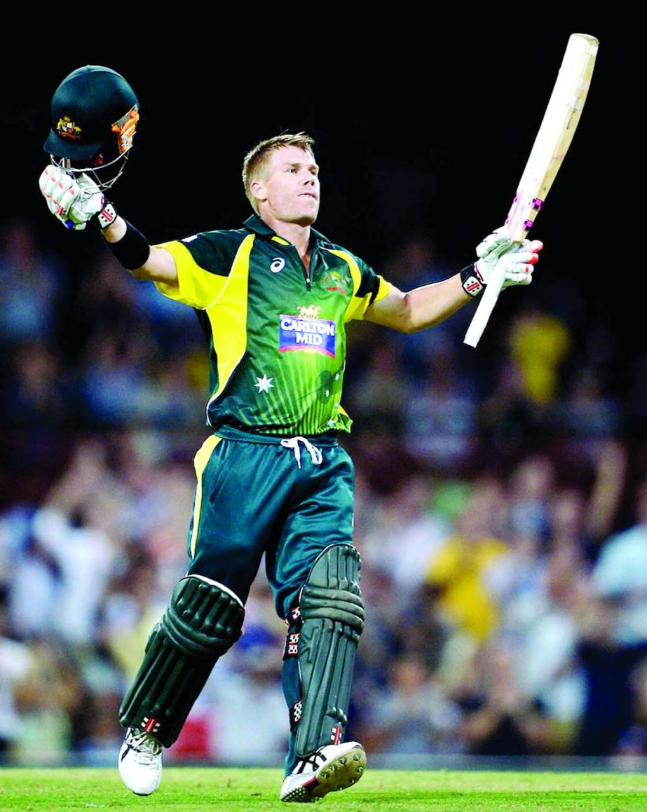 David Warner of Australia celebrates reaching his century during the One Day International series match between Australia and England at Sydney Cricket Ground on Friday in Sydney, Australia