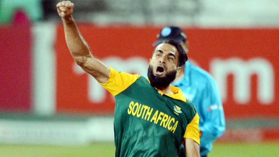 Imran Tahir celebrates one of his three wickets as South Africa secured a 61-run D/L win against West Indies in the first ODI at Kingsmead on Friday.