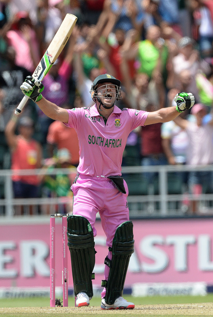 AB de Villiers celebrates his record-breaking century against West Indies in 2nd ODI at Johannesburg on Sunday.