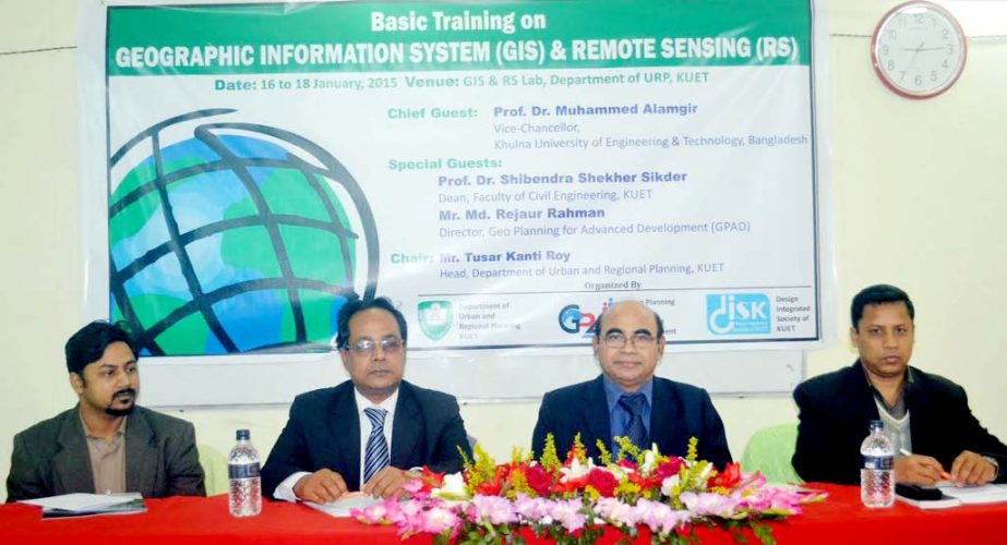 Khulna University of Engineering and Technology Vice-chancellor Prof Dr Muhammed Alamgir is seen with other guests at a three-day training on Geographic Information System and Remote Sensing organised by the Department of Urban and Regional Planning at Un
