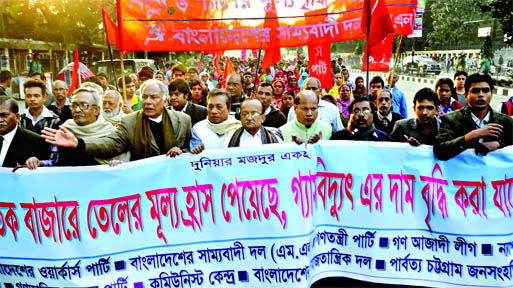 Various left leaning political parties broughtout a procession in the city on Tuesday protesting move to enhance gas and fuel prices.
