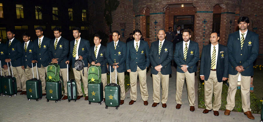 Pakistan pose for photos in Lahore before the team's departure for the World Cup on Tuesday.