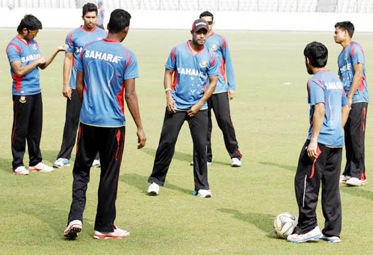 Members of Bangladesh National Cricket team during their practice session at the Sher-e-Bangla National Cricket Stadium in Mirpur on Wednesday.