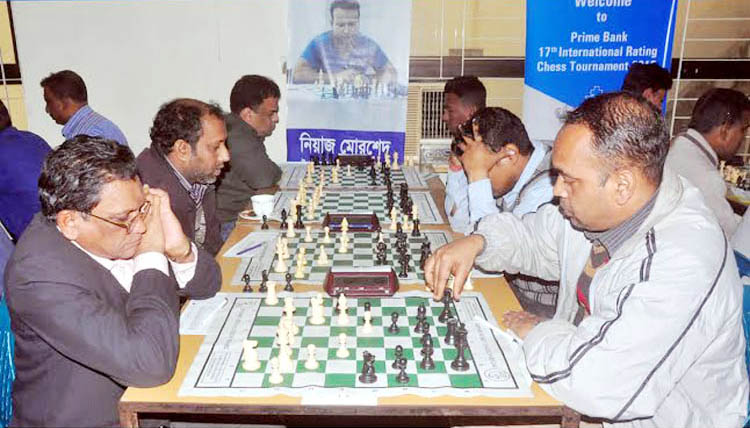 A scene from the Prime Bank 17th International Rating Chess Tournament at the Bangladesh Chess Federation hall room on Wednesday.