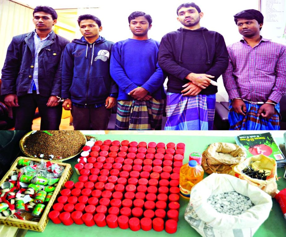 Police in a drive arrested five Shibir activists with 130 home-made bombs and bomb-making materials from city's Mohakhali TB Gate area on Wednesday.